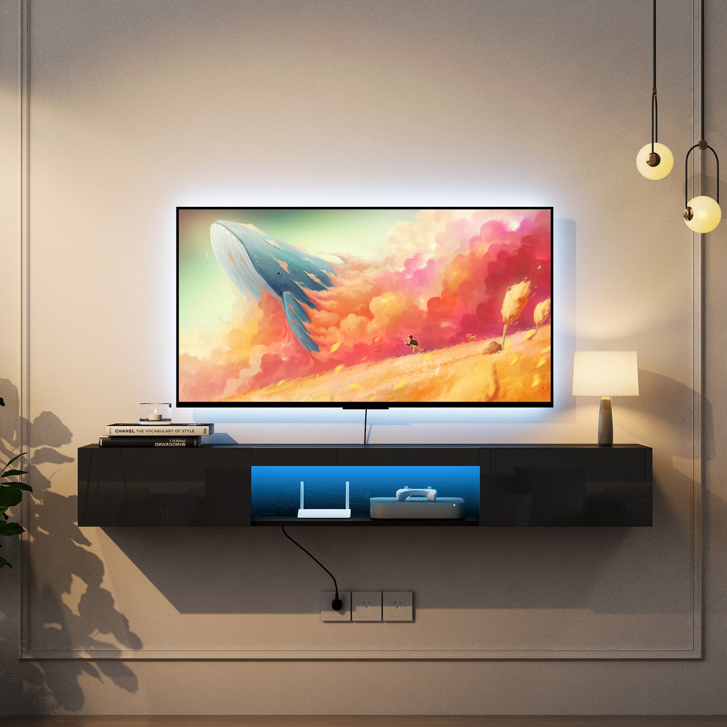 Floating LED TV Stand, 63in Wall-Mounted, Black