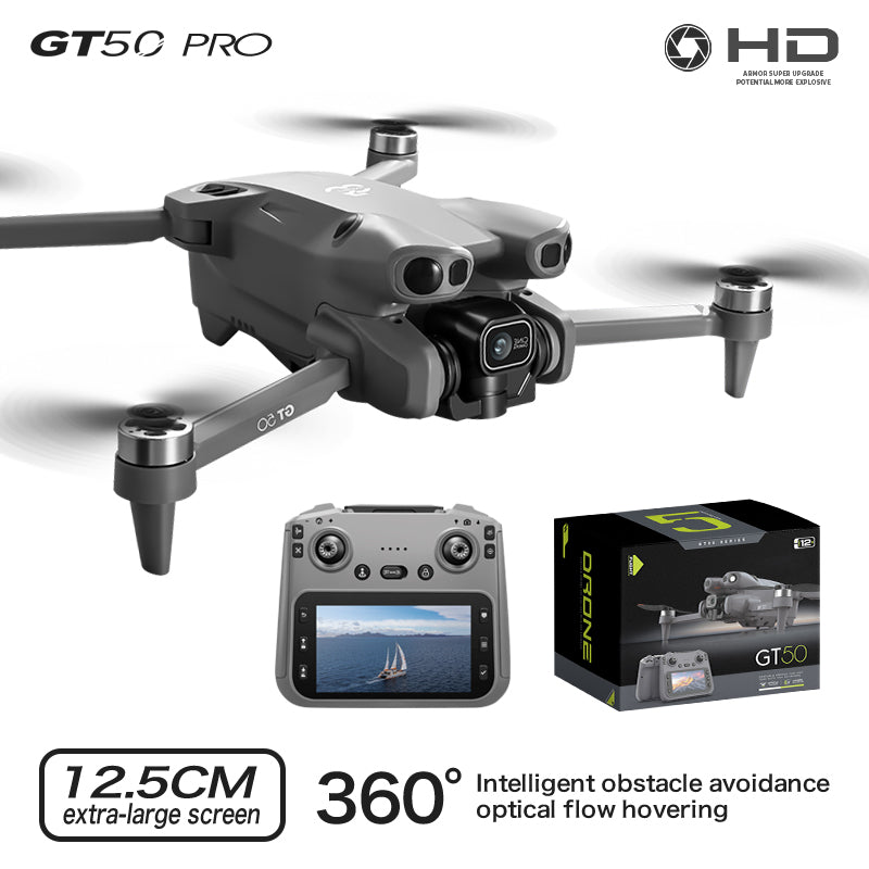 GT50 foldable camera drone flying outdoors, showing the front dual-camera housing