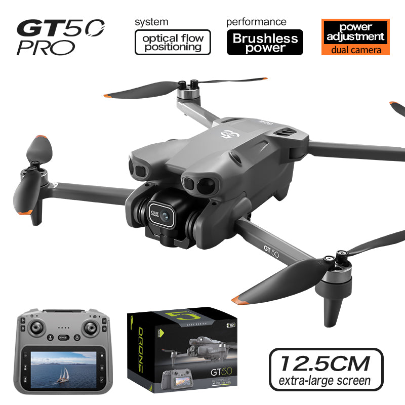GT50 foldable camera drone held in one hand to show its compact folded size