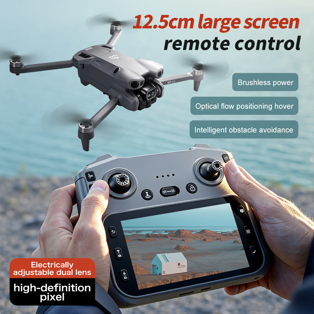 GT50 foldable camera drone hovering above its screen remote, held in two hands outdoors