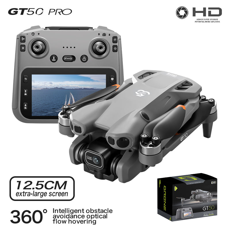 GT50 foldable camera drone shown with its color-screen remote and retail box
