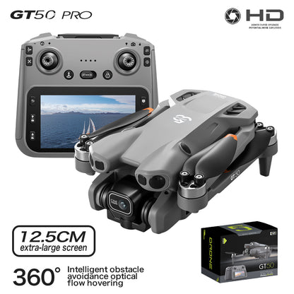 GT50 foldable camera drone shown with its color-screen remote and retail box