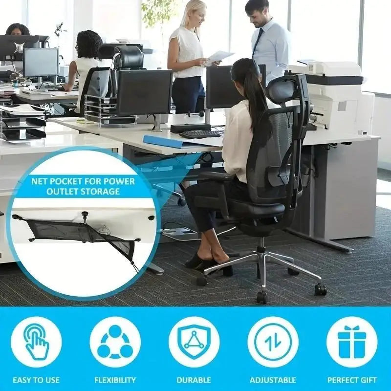 Under Desk Cable Management Net - 8-Hole Socket Mesh Organizer with Elastic Edge, Flexible Wire Hider for Office & Home