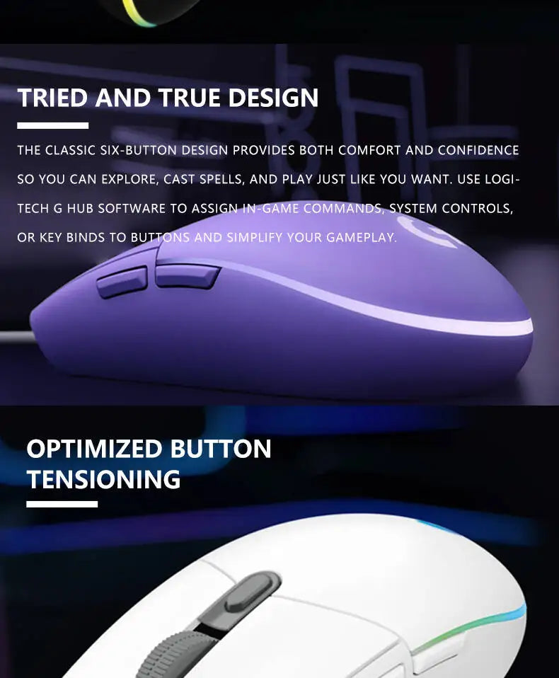 Logitech G102 Wired Gaming Mouse Adjustable DPI 16.8M RGB Colors Mechanical Buttons Ergonomic Design for Competitive Gamers