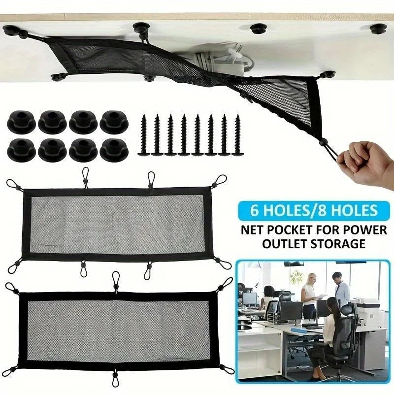 Under Desk Cable Management Net - 8-Hole Socket Mesh Organizer with Elastic Edge, Flexible Wire Hider for Office & Home