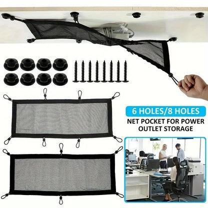 Under Desk Cable Management Net - 8-Hole Socket Mesh Organizer with Elastic Edge, Flexible Wire Hider for Office & Home