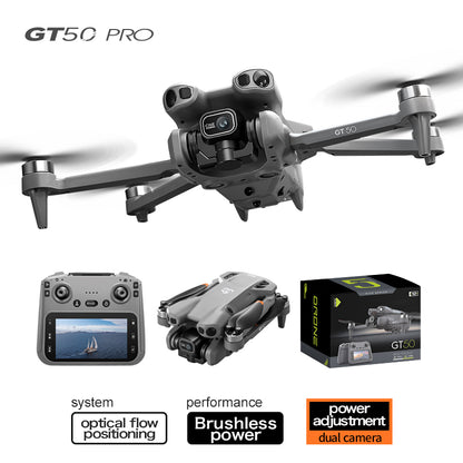 GT50 camera drone flying, shown alongside its screen remote and retail box