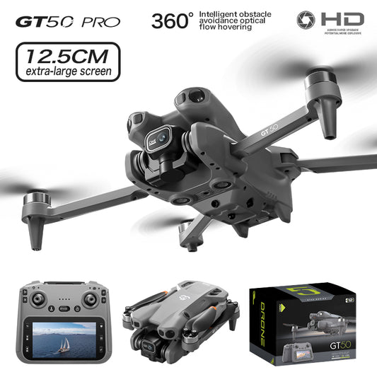 GT50 camera drone shown with its color-screen remote, folded body and retail box