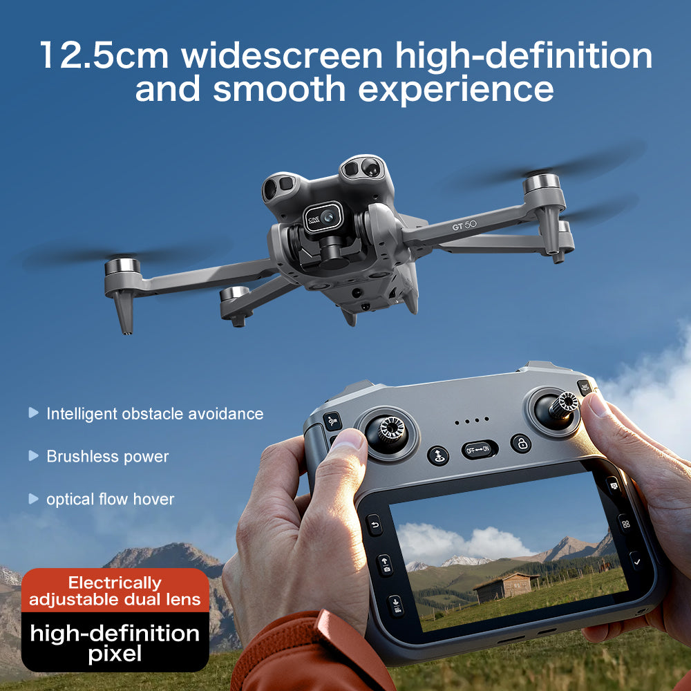 GT50 drone and its color-screen remote in use outdoors, showing the live-view display
