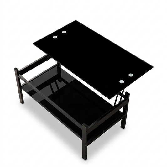 Lift-Top Glass Coffee Table, 2-Tier, Black
