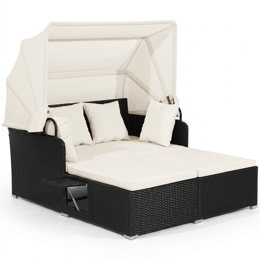 Patio Rattan Daybed with Canopy & Side Tables
