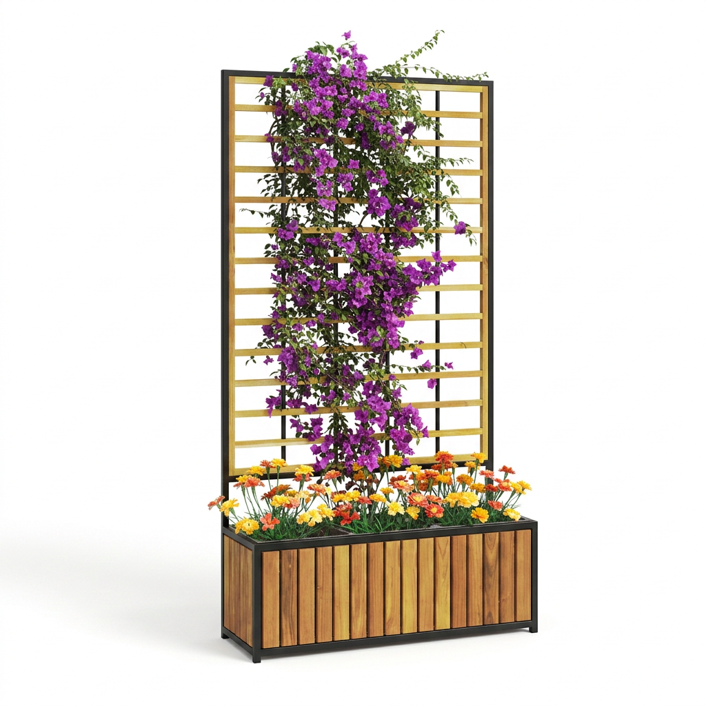 Wooden Raised Garden Bed with Trellis, Teak