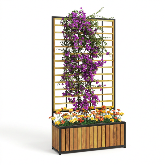 Wooden Raised Garden Bed with Trellis, Teak