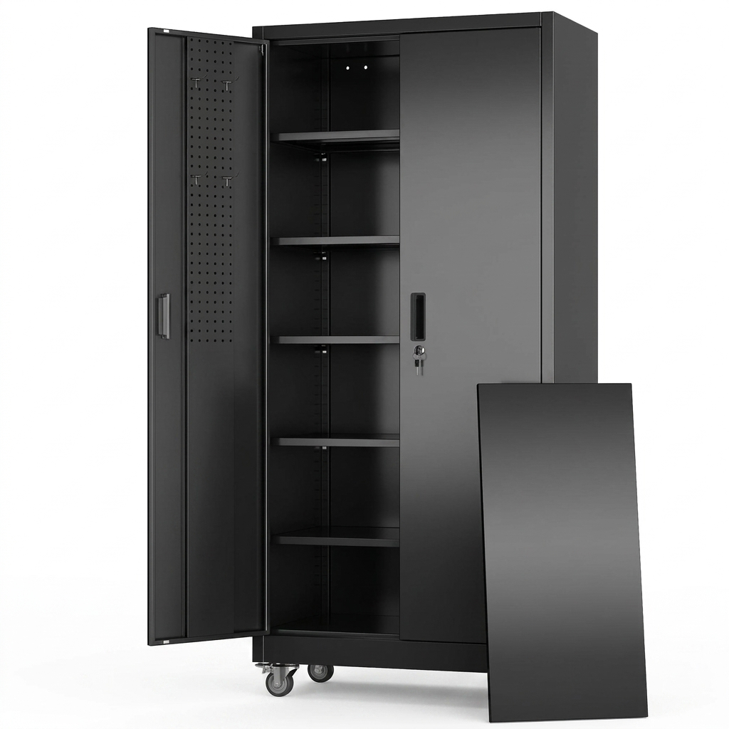 Rolling Metal Storage Cabinet with Pegboard
