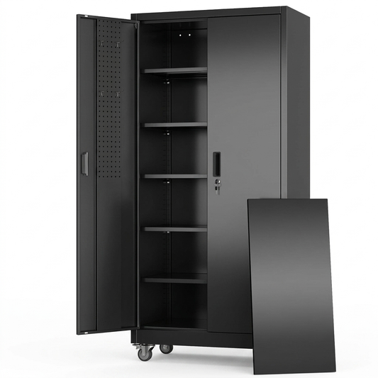 Rolling Metal Storage Cabinet with Pegboard