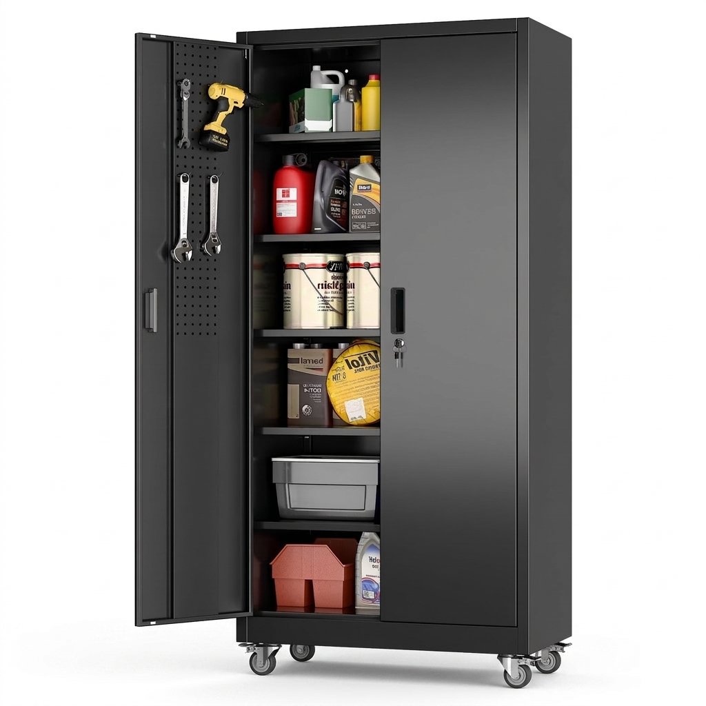 Rolling Garage Cabinet, 34in, 5 Shelves, Black